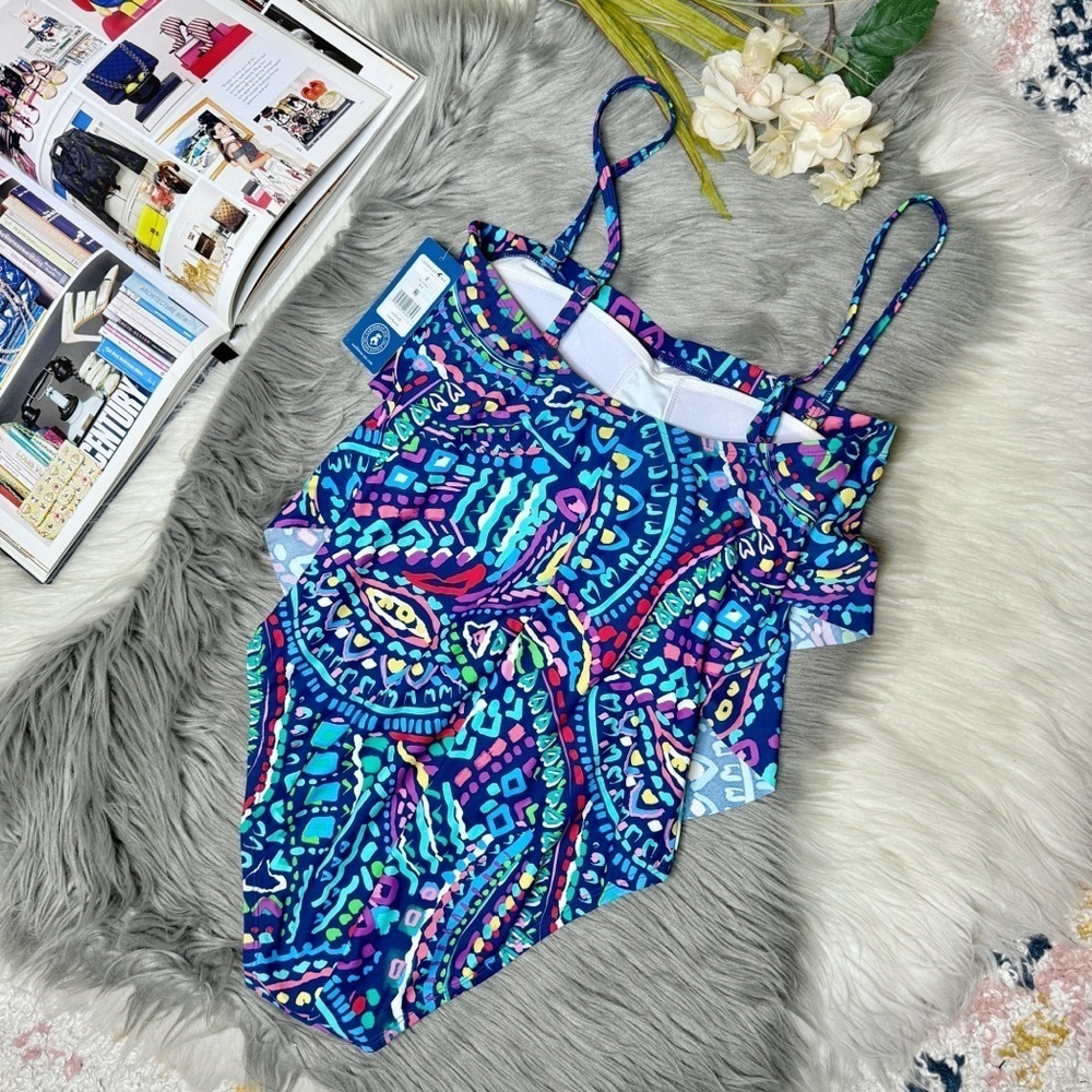 NEW Caribbean Joe Vacation Ready Blue Paisley Ruffle One Piece Swimsuit Sz 8 - Picture 9 of 12